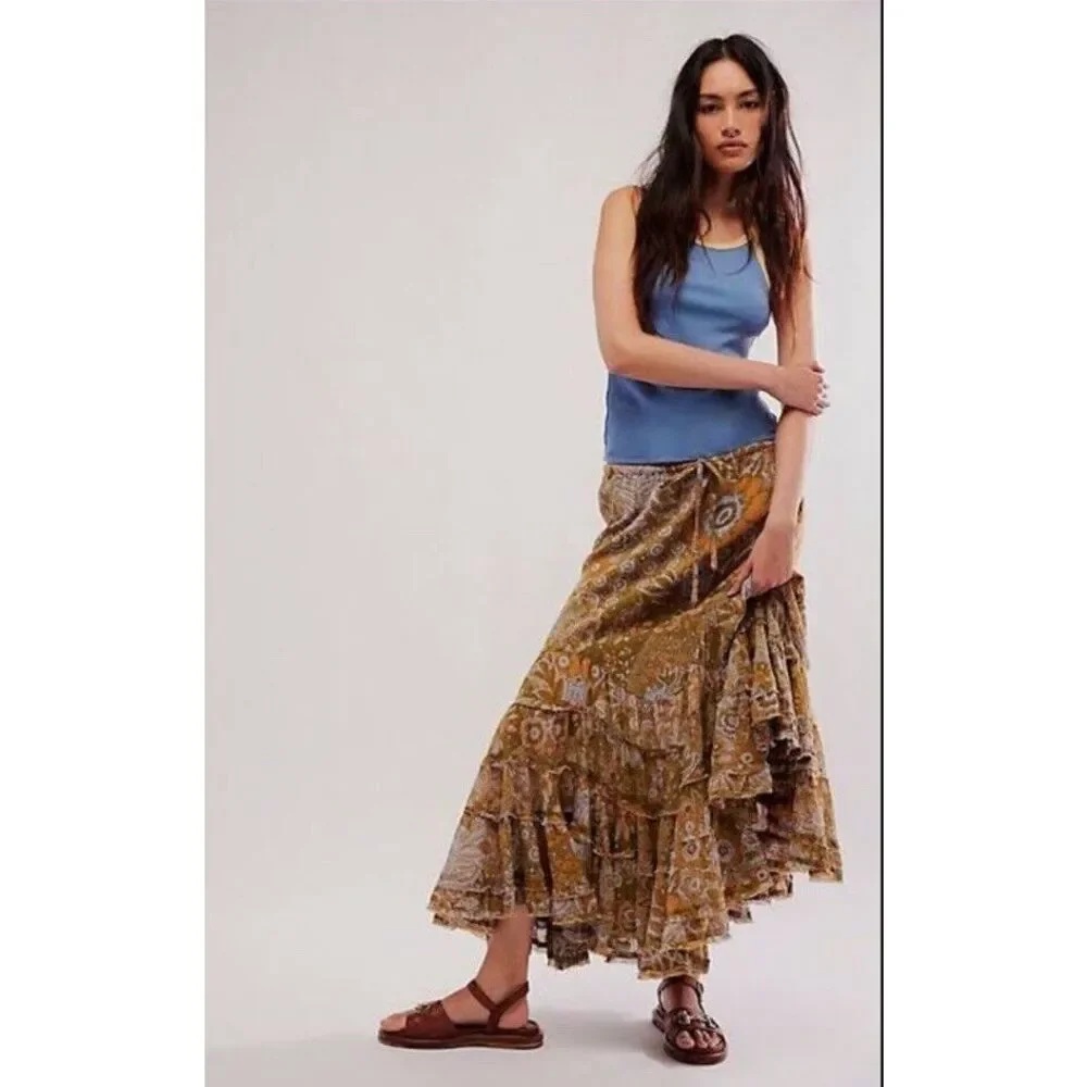 New Free People Calista Printed Maxi Ruffle Pull On Size S